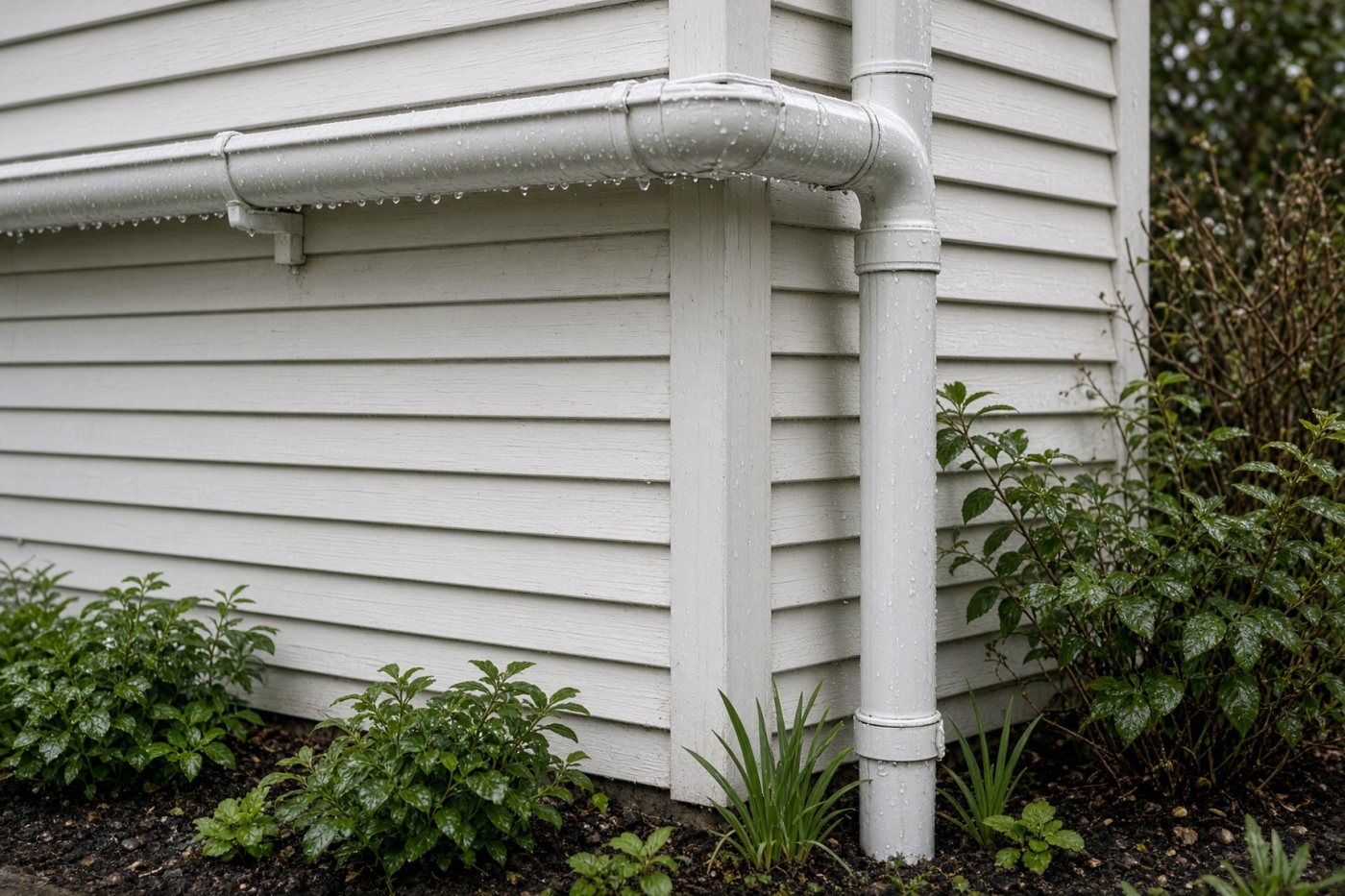 White gutter and downspout at the corner of a house after rain