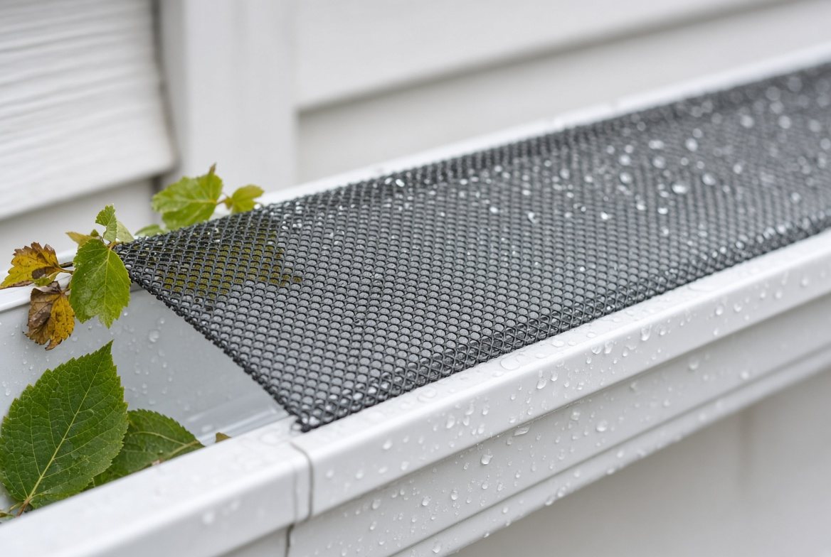Close-up of a fine mesh gutter guard installed on a white gutter